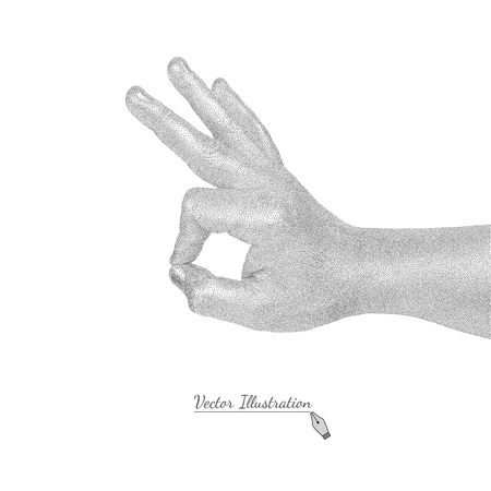 Vector male hand in style black engraving shows sign OK. Isolated on whiteのイラスト素材