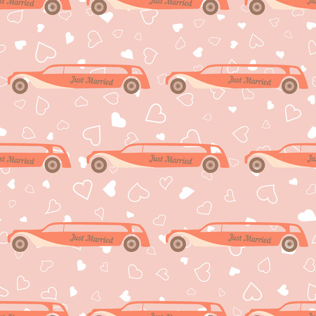 Vector pink seamless pattern with wedding limousines. Element for your wedding designs, valentine s day projects, and other your romantic projects.のイラスト素材