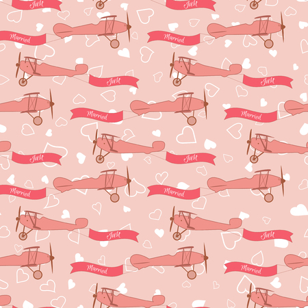 Vector pink wedding seamless pattern with retro planes with a wedding banner. Element for your wedding designs, valentines day projects, and other your romantic projects.のイラスト素材