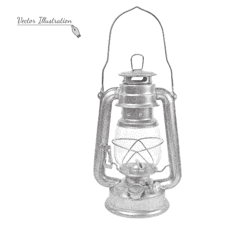 Vector Retro Petrol Lamp in black and white graphic style pointillismのイラスト素材