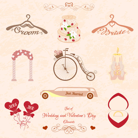 Set of Wedding and Valentines Day Classic and Retro Elements. Pastel pink elements for wedding designs, Valentines Day, web, logo, and other holiday romantic projects.のイラスト素材