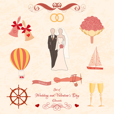 Vector Set of Wedding and Valentines Day Classic and Retro Elements. Pink elements for wedding designs, Valentines Day, web, logo, and other holiday romantic projects.のイラスト素材