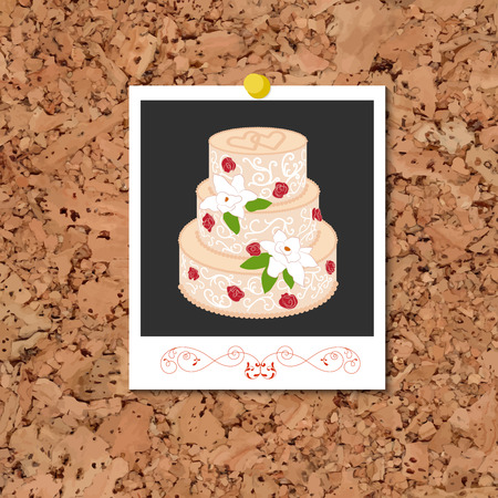 Vector cork board with instant photo card and wedding cake with cream red roses over black. Element...