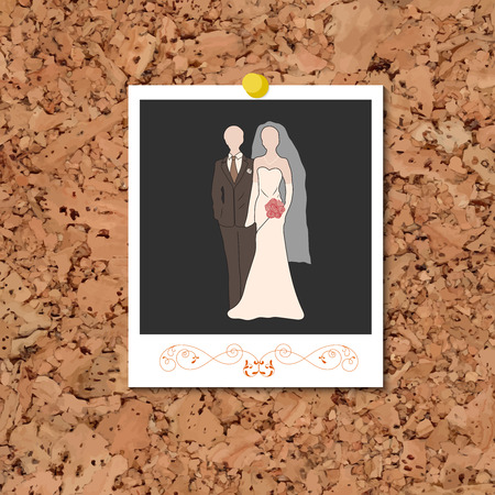 Vector cork board with instant photo card and bride and groom pastel silhouettes over black. Element for your wedding designs, valentines day projects, and other your romantic projects.のイラスト素材