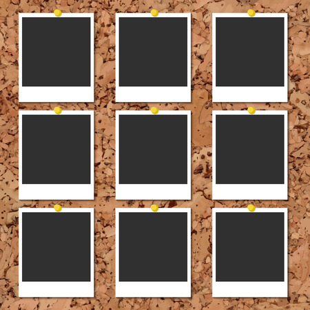 Vector cork board with nine blank instant photo cards and color pinsのイラスト素材