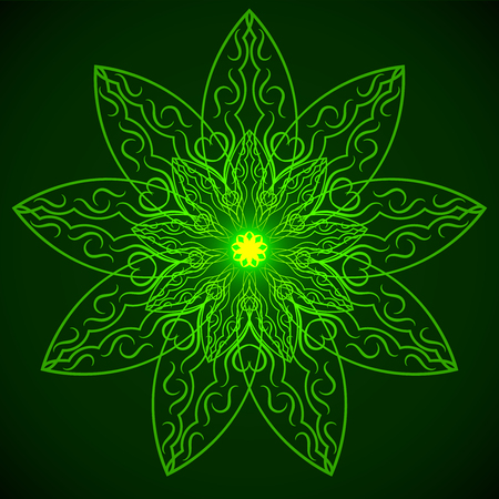 Green glowing mandala in the form of a lotus. Element for your designs, invitation card, yoga, meditation, astrology and other bright projectsのイラスト素材