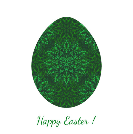 Easter egg decorated with a green floral seamless ornament with curls over white. Element for your holiday and other festive projects. Seamless pattern in swatch panel included.のイラスト素材