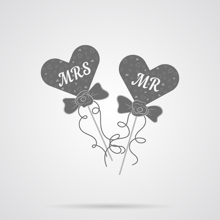 Vector Gray Wedding Hearts MR and MRS Flat Icon over light gray background. Simple element for your wedding designs, wedding business projects, logo, web and other your projectsのイラスト素材