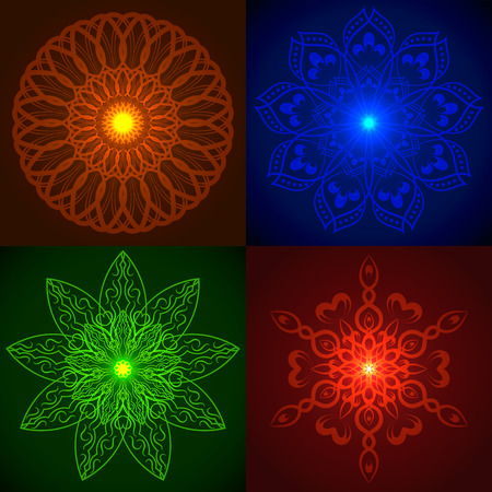 Set of Vector Geometric Bright Glow Mandala. Elements for your designs, invitation cards, yoga, meditation, astrology, religion and other bright projectsのイラスト素材