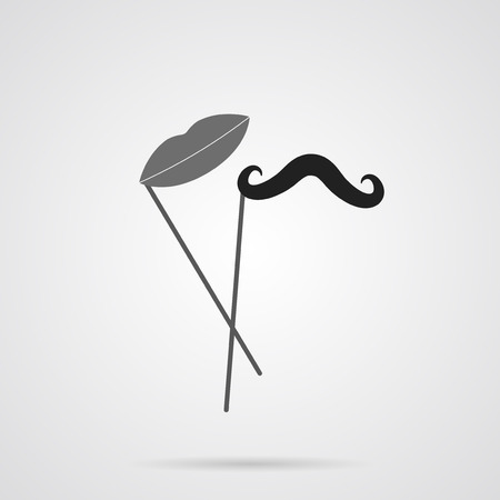 Vector Gray Mustache and Lips on Stick Flat Icon over light gray background. Simple element for your wedding designs, wedding business projects, logo, web and other your projectsのイラスト素材