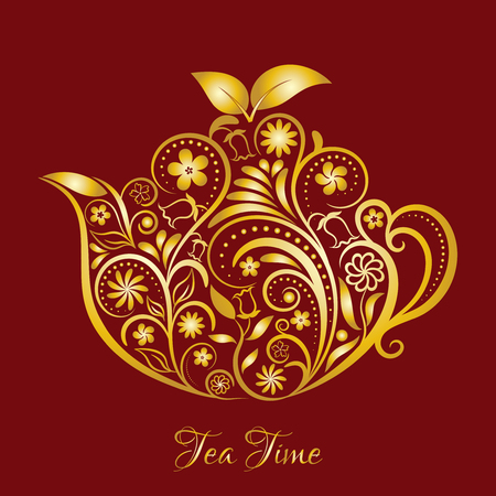 Vector Gold Floral Ornamental Teapot Over Dark Red. Zen art teapot style. Element for menu, cafe, restaurant, bar and tea house designs. Gold teapot flower designのイラスト素材
