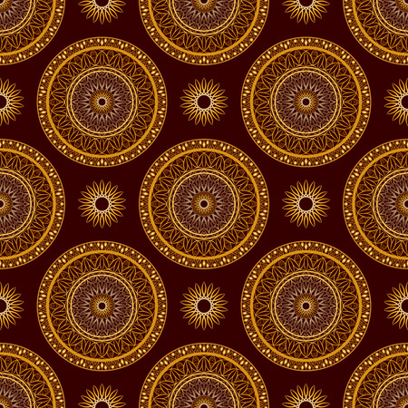 Seamless Gold Floral Mandala Pattern over dark brown backgroundのイラスト素材