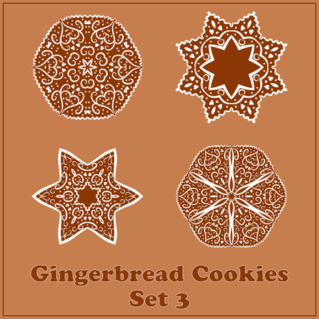 Vector Gingerbread Snowflakes Cookies Set No.3. Merry Christmas Decor Elements For Holiday Designs.のイラスト素材