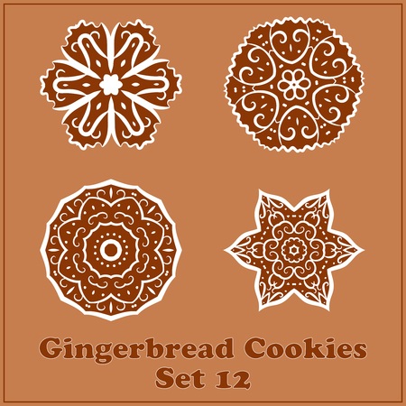 Vector Gingerbread Snowflakes Cookies Set No.12. Merry Christmas Decor Elements For Holiday Designs.のイラスト素材