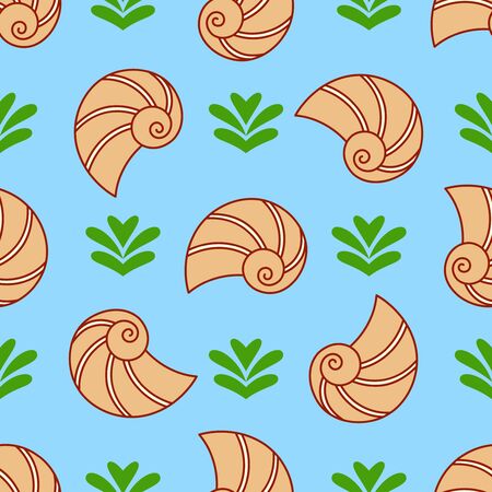 Vector Seashell And Seaweed Seamless Pattern.のイラスト素材