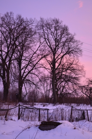 Winter sunset in the villageの写真素材