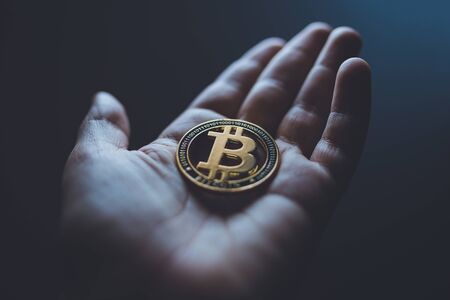 A hand holding a golden bitcoinの写真素材