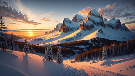 Beautiful winter landscape with snow covered mountains. Sunrise in the mountains.の素材