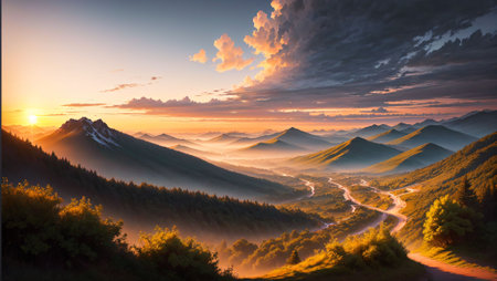 Fantastic sunset in the mountains landscape. Carpathians, Ukraine, Europe.の素材