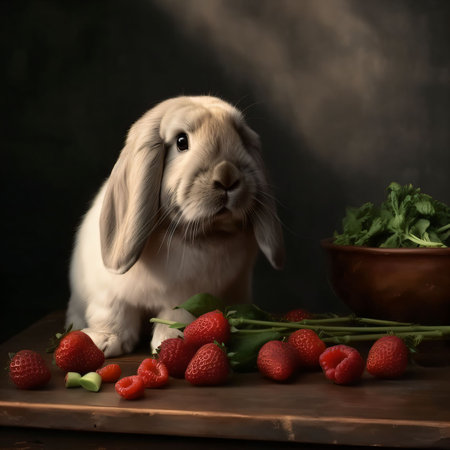 Rabbit and strawberries on a wooden board on a dark background.の素材