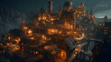 Fantasy illustration of an old town at night. 3D renderingの素材