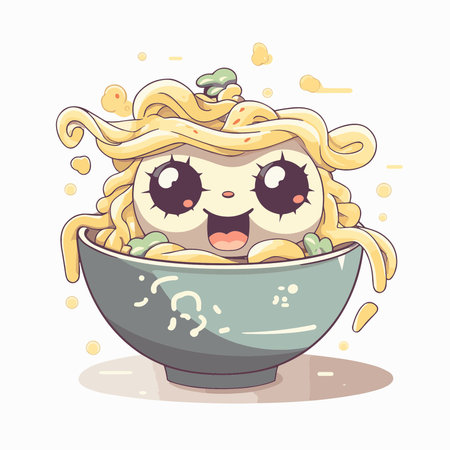 Cartoon illustration of a Japanese ramen noodle in a bowlのイラスト素材