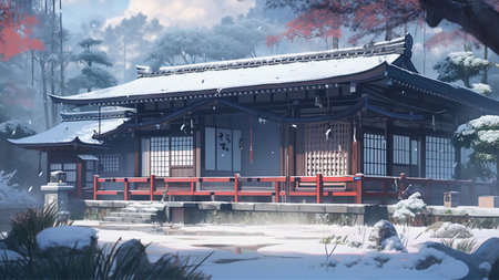 Traditional japanese house in the snow with red wooden door.の素材