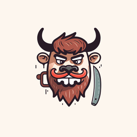 Viking character with horns and a knife. Vector illustration in cartoon style.のイラスト素材