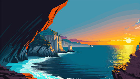 Seascape with cliffs and sea at sunset. Vector illustration.のイラスト素材