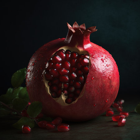 Pomegranate fruit with leaves and seeds on black background.の写真素材
