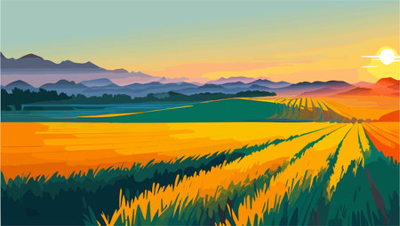 Sunset in the field. Landscape with mountains and fields. Vector illustration.のイラスト素材