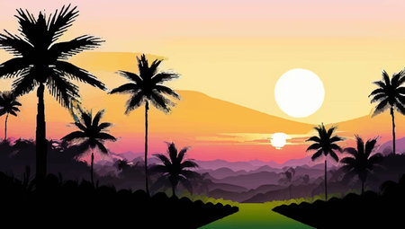 Silhouette of palm trees at sunset background. Vector illustration.のイラスト素材