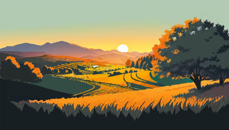 Rural landscape with fields and trees at sunset. Vector illustration.のイラスト素材