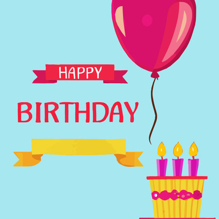 Happy Birthday greeting card with cake, balloons and candles. Vector illustration in minimalist styleのイラスト素材