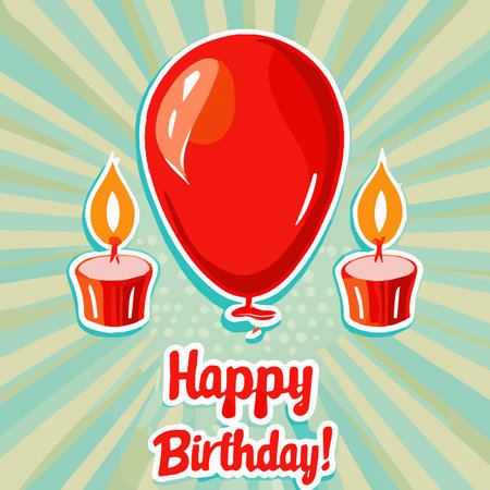 Happy birthday greeting card with balloons, candles and cake. Vector illustration in retro styleのイラスト素材