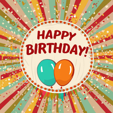 Happy birthday card with balloons and confetti. Colorful vector illustration in retro styleのイラスト素材