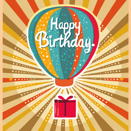 happy birthday card with balloon and gift box vector illustration graphic design in retro styleのイラスト素材