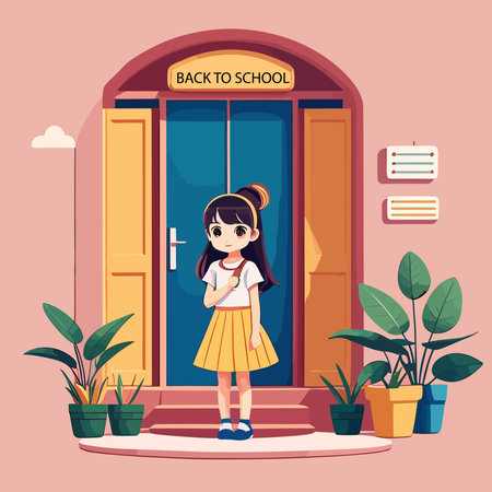 Back to school concept with cute girl in front door vector illustration graphic designのイラスト素材