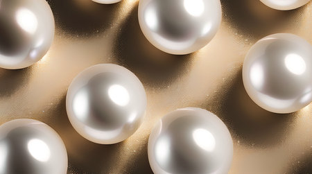 3d render of white pearls on golden background. Abstract backgroundの写真素材