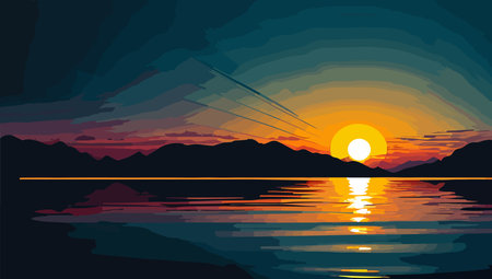 sunset over lake with mountains and reflection vector illustration desing.のイラスト素材