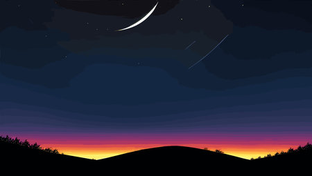 Night landscape with starry sky and silhouette of mountains. Vector illustration.のイラスト素材