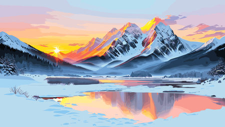 Mountains and lake at sunset. Vector illustration. Mountain landscape.のイラスト素材