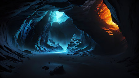 Fantasy dark blue cave with glowing light inside. 3D renderingの素材