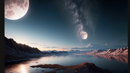 Fantasy alien planet. Mountain and lake. 3D Illustrationの素材