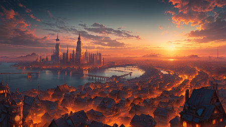 Fantasy city at sunset. 3D illustration. 3D renderingの素材