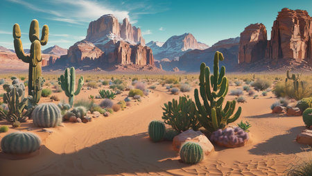 Beautiful desert landscape with cactuses and mountains in the backgroundの素材