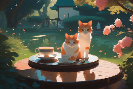 Two cats on a table in the garden, two cats drinking teaの素材