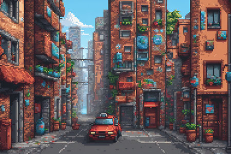 City street with old buildings and cars, pixel art vector illustration.の素材