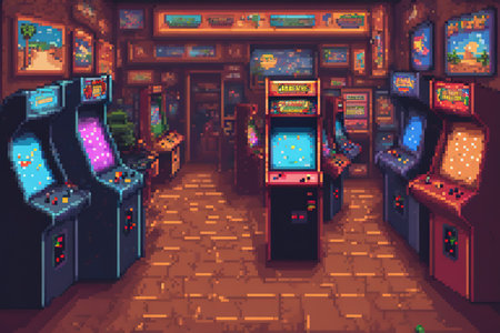 Arcade game world. Retro arcade game room. Vector illustration of video game machine.の素材