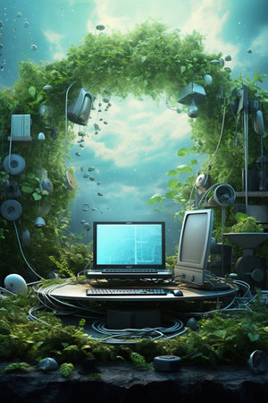 Computer in the green environment. 3d rendering. Computer network.の素材